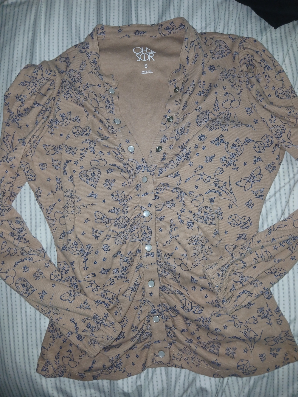 Chaser Beige Button-Front Printed Long Sleeve Top